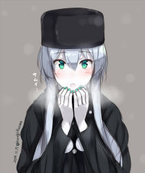 Rule 34 | 10s, 1girl, :o, abyssal ship, alternate costume, aqua eyes, aqua nails, blush, breath, cold, colored skin, grey background, hat, kantai collection, looking at viewer, nail polish, short hair with long locks, shuuichi, solo, twitter username, upper body, white skin, wo-class aircraft carrier
