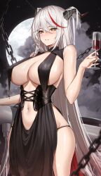 Rule 34 | 1girl, absurdres, aegir (azur lane), alternate costume, azur lane, bare arms, bare shoulders, black dress, black panties, blurry, blurry foreground, blush, breast curtains, breasts, center opening, chain, cleavage, commentary request, covered erect nipples, cowboy shot, cross, cross-laced clothes, cup, depth of field, dragon girl, dragon horns, dress, drink, hair between eyes, hair on horn, hand up, highres, holding, holding cup, holding drink, horns, iron cross, large breasts, long hair, looking at viewer, multicolored hair, nail polish, panties, panty straps, parted lips, red hair, red nails, red wine, revealing clothes, samart, side slit, sidelocks, solo, streaked hair, string panties, thighs, turtleneck, underwear, very long hair, white hair, yellow eyes