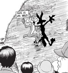 Rule 34 | ashbelero, black hair, commentary, coyote, derivative work, english commentary, english text, greyscale, holding, holding sign, looking at viewer, looney tunes, comic panel redraw, monochrome, outdoors, short hair, sign, the enigma of amigara fault, wile e coyote