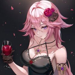 Rule 34 | 1girl, alcohol, alternate costume, armlet, bad id, bad twitter id, bare shoulders, black background, black dress, black gloves, breasts, cleavage, criss-cross halter, cup, dress, drinking glass, flower, genshin impact, gloves, gradient background, hair between eyes, hair flower, hair ornament, halterneck, highres, holding, holding cup, jewelry, large breasts, long hair, looking at viewer, necklace, pink hair, pink nails, poise, purple eyes, see-through gloves, solo, very long hair, wine, wine glass, yae miko