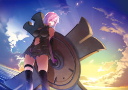 Rule 34 | 1girl, :d, armor, bare shoulders, black thighhighs, blue sky, breasts, cloud, elbow gloves, fate/grand order, fate (series), gloves, gluteal fold, hair over one eye, mash kyrielight, navel, nilitsu, ocean, open mouth, purple eyes, purple hair, shield, short hair, sky, smile, solo, sunrise, thighhighs