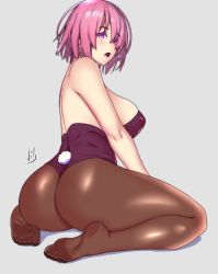 Rule 34 | 1girl, ass, back, blush, brown pantyhose, fate/grand order, fate (series), feet, from behind, grey background, hair between eyes, highres, leotard, looking back, mash kyrielight, open mouth, pantyhose, pink hair, playboy bunny, purple eyes, rabbit tail, short hair, simple background, soles, solo, toes, vibncent
