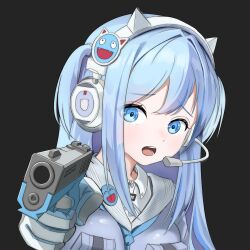 Rule 34 | 1girl, animal ear headphones, animal ears, black background, blue eyes, blue hair, blue neckerchief, breast pocket, breasts, cat ear headphones, collared dress, commentary request, crop top, dress, fake animal ears, goddess of victory: nikke, grey shirt, gun, hair between eyes, hands up, headphones, headset, highres, holding, holding gun, holding weapon, korean commentary, long hair, looking at viewer, medium breasts, neckerchief, open mouth, pocket, pointing, pointing at viewer, pouch, sailor collar, sharkzy, shifty (nikke), shirt, short sidetail, short sleeves, side ponytail, sidelocks, simple background, smile, solo, standing, teeth, weapon, white dress, white sailor collar, wrist cuffs