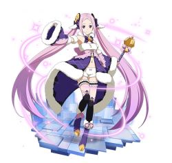 Rule 34 | 1girl, black thighhighs, detached sleeves, floating hair, full body, fur trim, hair ornament, holding, holding staff, long hair, looking at viewer, midriff, navel, pink hair, purple eyes, purple footwear, short shorts, shorts, simple background, smile, solo, staff, stomach, sword art online, thigh strap, thighhighs, twintails, very long hair, white background, white shorts, yuna (sao)
