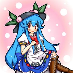 Rule 34 | 1girl, blue hair, blush, bow, cross-laced footwear, eruru (erl), female focus, food, frills, fruit, hat, highres, hinanawi tenshi, leaf, long hair, open mouth, peach, red eyes, rock, short sleeves, simple background, smile, solo, touhou, very long hair