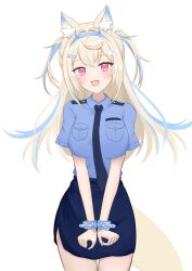 Rule 34 | 1girl, alternate costume, arlonn, bandaid, bandaid hair ornament, blonde hair, blue hair, blue necktie, blue shirt, blue skirt, blush, breasts, cuffs, fang, fuwawa abyssgard, hair ornament, hairpin, handcuffs, highres, hololive, hololive english, large breasts, long hair, looking at viewer, multicolored hair, necktie, open mouth, pink eyes, police, police uniform, policewoman, shirt, skin fang, skirt, smile, solo, streaked hair, two side up, uniform, virtual youtuber, white background