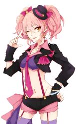 Rule 34 | 1girl, black jacket, black shorts, bow, bracelet, collarbone, crop top, earrings, eyelashes, garter straps, haikimono shounen, hair between eyes, hair bow, hand on own hip, hand up, hat, hip focus, idolmaster, idolmaster cinderella girls, jacket, jewelry, jougasaki mika, long hair, looking at viewer, mini hat, navel, necklace, necktie, one eye closed, open clothes, open jacket, pink hair, pink necktie, purple thighhighs, sash, shorts, sidelocks, simple background, smile, solo, suspenders, thighhighs, thighs, tongue, tongue out, twintails, white background, wrist cuffs, yellow eyes