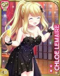 Rule 34 | 1girl, :d, bare back, black dress, blonde hair, blue eyes, card, character name, chloe lemaire, closed eyes, cup, dress, drinking glass, girlfriend (kari), indoors, long hair, night, official art, open mouth, qp:flapper, smile, solo, standing, tagme, wine glass