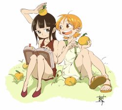 Rule 34 | 2girls, aged down, bare shoulders, black eyes, black hair, blunt bangs, book, brown dress, brown footwear, closed mouth, collarbone, commentary, dress, ebi draw, english commentary, food, fruit, full body, grass, green dress, hana hana no mi, highres, holding, holding book, holding food, looking at another, mandarin orange, multiple girls, nami (one piece), nico robin, one piece, open book, open mouth, orange eyes, orange hair, sandals, short hair, sidelocks, signature, sitting, sleeveless, sleeveless dress, smile, white background