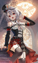 Rule 34 | 1girl, :o, adapted costume, arm strap, belt, black belt, black hair, black thighhighs, braid, breasts, camisole, claw pose, detached collar, detached sleeves, fang, frills, garter straps, grey hair, hat, highres, hololive, knee up, leaning, looking at viewer, medium breasts, medium hair, multicolored hair, nail polish, o-ring, o-ring legwear, open mouth, plaid, plaid skirt, red nails, sakamata chloe, scottie (phantom2), skirt, solo, streaked hair, thighhighs, top hat, two-tone hair, virtual youtuber, white camisole