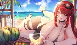 Rule 34 | 1girl, absurdres, alcohol, beach, beer, bikini, black bikini, breasts, chixiao, cleavage, eyewear on head, female focus, food, fruit, heart, heart-shaped pupils, highres, huge breasts, long hair, looking at viewer, lying, matching hair/eyes, mole, mole on breast, o-ring, o-ring top, on side, one eye closed, open mouth, original, outdoors, red eyes, red hair, sideboob, sidelocks, smile, solo, sunglasses, sunglasses on head, swimsuit, symbol-shaped pupils, thigh strap, water, watermelon, wink