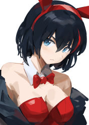 Rule 34 | 1girl, absurdres, animal ears, bare shoulders, black hair, blue eyes, bow, bowtie, breasts, closed mouth, frown, hair between eyes, highres, jacket, kill la kill, leotard, looking at viewer, matoi ryuuko, medium breasts, multicolored hair, open clothes, open jacket, playboy bunny, rabbit ears, red hair, red leotard, short hair, solo, strapless, strapless leotard, streaked hair, t-lex, two-tone hair