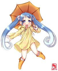 Rule 34 | 1girl, absurdres, aged down, alternate costume, alternate hairstyle, artist logo, blue eyes, blue hair, boots, commentary request, covered navel, dated, drawstring, gradient hair, highres, kanon (kurogane knights), kantai collection, long hair, multicolored hair, naked raincoat, no panties, raincoat, rubber boots, samidare (kancolle), simple background, solo, swept bangs, twintails, umbrella, very long hair, white background, yellow footwear, yellow raincoat, yellow umbrella, zipper