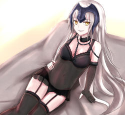 Rule 34 | 1girl, black thighhighs, blonde hair, breasts, chain, choker, cleavage, elbow gloves, fate/grand order, fate (series), garter straps, gloves, groin, headpiece, highres, jeanne d&#039;arc (fate), jeanne d&#039;arc alter (avenger) (fate), jeanne d&#039;arc alter (fate), lingerie, medium breasts, navel, ruler (fate/grand order), see-through, smile, solo, teeth, thighhighs, underwear, yellow eyes, youque