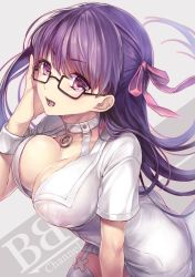 Rule 34 | &gt;:d, 1girl, :d, adjusting eyewear, bad id, bad pixiv id, bb (bb shot!) (fate), bb (fate), bb (fate/extra), black-framed eyewear, blush, breasts, character name, choker, cleavage, collarbone, covered erect nipples, cowboy shot, fate (series), foreshortening, garter straps, gary25566, glasses, grey background, hair ribbon, highres, jewelry, leaning forward, long hair, looking at viewer, medium breasts, nurse, open mouth, outline, pendant, pink ribbon, purple eyes, purple hair, resolution mismatch, ribbon, short sleeves, smile, solo, source smaller, straight hair, thigh strap, thighhighs, unaligned breasts, v-shaped eyebrows, very long hair, white choker, white thighhighs, wrist cuffs