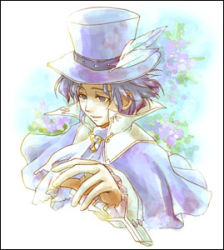 Rule 34 | 1boy, blue hat, flower, frederic chopin (trusty bell), fuju, gradient background, hat, lowres, male focus, nature, plant, solo, top hat, trusty bell, upper body, white background