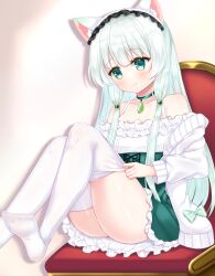 Rule 34 | 1girl, adjusting clothes, adjusting legwear, animal ear fluff, animal ears, breasts, choker, cleavage, closed mouth, collarbone, commission, feet out of frame, frilled shirt, frilled skirt, frills, green choker, green eyes, green skirt, grey hair, high-waist skirt, highres, jacket, long hair, long sleeves, no shoes, off-shoulder shirt, off shoulder, open clothes, open jacket, original, puffy long sleeves, puffy sleeves, shikito (yawa0w0), shirt, sitting, skeb commission, skirt, small breasts, smile, soles, solo, thighhighs, very long hair, white jacket, white shirt, white thighhighs