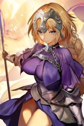 Rule 34 | 1girl, armor, armored dress, bad id, bad twitter id, blonde hair, blue eyes, braid, breasts, capelet, chain, commentary request, cowboy shot, fate/apocrypha, fate (series), faulds, flag, gauntlets, headpiece, highres, holding, holding flag, jeanne d&#039;arc (fate), jeanne d&#039;arc (ruler) (fate), large breasts, long braid, long hair, looking at viewer, shycocoa, single braid, solo, very long hair