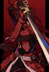 Rule 34 | 10s, 1boy, arm guards, armor, bridal gauntlets, brown hair, drifters, ebira, faulds, hair over one eye, long sleeves, looking at viewer, male focus, one eye covered, red theme, rope, sheath, shimazu toyohisa, short hair, sketch, solo, standing, sword, weapon