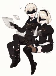 Rule 34 | 1boy, 1girl, 2b (nier:automata), 9s (nier:automata), black blindfold, black dress, black jacket, blindfold, boots, commentary request, covered eyes, dress, full body, grey hair, holographic interface, jacket, malt 40, nier:automata, nier (series), open mouth, short hair, simple background, smile