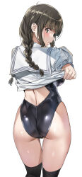 Rule 34 | 1girl, absurdres, ass, black one-piece swimsuit, black socks, blush, braid, breasts, brown eyes, brown hair, clothes lift, commentary request, competition swimsuit, cowlick, from behind, hanasaku iroha, highres, lifted by self, long hair, looking at viewer, looking back, low twin braids, medium breasts, nagayori, one-piece swimsuit, oshimizu nako, over-kneehighs, parted lips, sailor collar, shirt, shirt lift, simple background, socks, solo, swimsuit, swimsuit under clothes, teeth, thigh gap, thighhighs, twin braids, white background, white sailor collar, white shirt