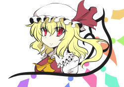Rule 34 | 1girl, ascot, blonde hair, commentary request, flandre scarlet, goma (gomasamune), hair between eyes, hat, hat ribbon, highres, looking at viewer, mob cap, red eyes, ribbon, short hair, smile, solo, touhou, upper body, white background, wings