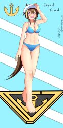 Rule 34 | 1girl, absurdres, animal ears, arm up, bare shoulders, barefoot, bikini, blue bikini, breasts, character name, cheval grand (umamusume), cleavage, commentary request, dated, ear covers, feet, full body, hat, highres, horse ears, horse girl, horse tail, large breasts, light blue background, looking at viewer, navel, open mouth, peaked cap, simple background, solo, standing, subculture is, swimsuit, tail, twitter username, two-tone background, umamusume, white background, white hat
