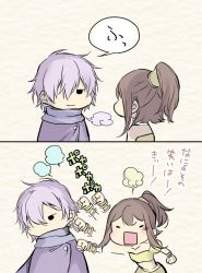 Rule 34 | 1boy, 1girl, angry, bracelet, brown hair, cape, chibi, dancer, gloves, hair over one eye, jewelry, navel, necklace, oboro keisuke, octopath traveler, octopath traveler i, open mouth, ponytail, scarf, short hair, simple background, smile, therion (octopath traveler), translation request, tressa (octopath traveler), white hair
