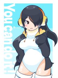 Rule 34 | 1girl, black hair, black sweater, breasts, brown eyes, emperor penguin (kemono friends), headphones, highres, kanimiso na double, kemono friends, leotard, looking at viewer, medium breasts, one eye covered, open mouth, sweater, thighhighs, white leotard