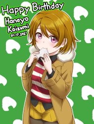 Rule 34 | 1girl, absurdres, artist name, artist request, black legwear, black shirt, blouse, blush, breasts, brown hair, brown jacket, collared shirt, female focus, food, fur-trimmed jacket, fur trim, green background, hair between eyes, highres, holding, holding food, jacket, jan azure, koizumi hanayo, looking at viewer, love live!, love live! school idol festival, love live! school idol project, multicolored shirt, nail, nail polish, onigiri, pants, pantyhose, pantyhose under shorts, parted lips, pink nails, purple eyes, red shirt, shirt, short hair, short pants, shorts, small breasts, smile, solo, striped clothes, striped shirt, white shirt, yellow pants