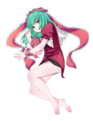 Rule 34 | 1girl, arm ribbon, bare legs, barefoot, bow, female focus, front ponytail, full body, green hair, hair bow, hair ribbon, highres, kagiyama hina, long hair, looking at viewer, lying, nechio, open mouth, ribbon, short sleeves, simple background, solo, touhou, white background