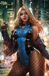 Rule 34 | 1girl, birds of prey, black canary, black choker, black gloves, black jacket, black leotard, blonde hair, blue eyes, blue leotard, blurry, blurry background, choker, city, dc comics, dcwj, depth of field, fingerless gloves, fishnet pantyhose, fishnets, gloves, highres, jacket, leotard, long hair, looking at viewer, off shoulder, open clothes, open jacket, open mouth, pantyhose, signature, solo, teeth, two-tone leotard, upper teeth only