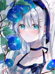 Rule 34 | 1girl, bad id, bad twitter id, blue eyes, blue flower, blue nails, blue ribbon, blurry, blush, breasts, cleavage, crying, crying with eyes open, depth of field, dew drop, dress, fingernails, flower, highres, leaf, light rays, long hair, looking at flowers, medium breasts, morning glory, neck ribbon, original, parted lips, plant, rain, ribbon, sidelocks, solo, striped ribbon, syana alice, tears, water drop, white dress, white hair