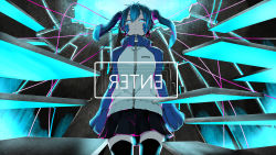 Rule 34 | 1girl, arms at sides, black thighhighs, blue eyes, blue hair, cable, cowboy shot, ene (kagerou project), english text, glowing, gradient background, greatpengh, half-closed eyes, headphones, highres, jinzou enemy (vocaloid), kagerou project, long hair, matching hair/eyes, miniskirt, mirrored text, skirt, solo, striped, striped background, thighhighs, twintails, vocaloid