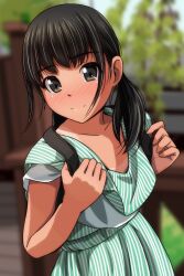 Rule 34 | 1girl, absurdres, black hair, blurry, blurry background, blush, brown eyes, closed mouth, collarbone, day, depth of field, dress, hair over shoulder, hands up, highres, holding strap, long hair, low twintails, matsunaga kouyou, nose blush, original, outdoors, pleated dress, sidelocks, smile, solo, striped clothes, striped dress, tan, tanline, twintails, vertical-striped clothes, vertical-striped dress