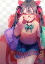 Rule 34 | 10s, 1girl, adjusting eyewear, amana raika, armchair, bespectacled, black hair, bow, bowtie, box, candy, chair, collared shirt, food, food in mouth, frilled pillow, frills, glasses, hair between eyes, hair bow, heart o-ring, jewelry, lollipop, long hair, long sleeves, love live!, love live! school idol project, miniskirt, mouth hold, pillow, pleated skirt, pocky, red-framed eyewear, red eyes, ring, school uniform, shirt, skirt, solo, striped bow, striped bowtie, striped clothes, striped neckwear, sweater, twintails, yazawa nico