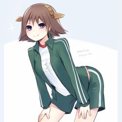Rule 34 | &gt;:), 10s, 1girl, alternate costume, bad id, bad twitter id, brown hair, cowboy shot, dated, gym shorts, gym uniform, hands on thighs, headgear, hiei (kancolle), jacket, kantai collection, leaning forward, muryotaro, open clothes, open jacket, purple eyes, shorts, smile, solo, track jacket, twitter username, v-shaped eyebrows