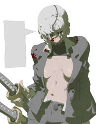 Rule 34 | 1girl, abs, absurdres, black shirt, blood, breasts, chainsaw man, eyepatch, highres, katana, medium breasts, muscular, muscular female, navel, open clothes, open shirt, pacpoi, pants, quanxi (chainsaw man), shirt, sideboob, solo, sword, unfinished, weapon, white background