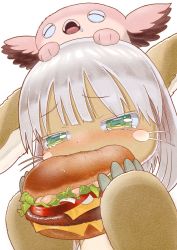 Rule 34 | 1other, animal ears, brown fur, burger, cheese, creature, creature on head, eating, food, furry, green eyes, holding, holding food, horizontal pupils, ishida ryoma, lettuce, made in abyss, meinya (made in abyss), nanachi (made in abyss), other focus, rabbit ears, simple background, tearing up, tomato, tomato slice, whiskers, white background, white hair