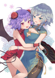 Rule 34 | 2girls, :d, ahase hino, ahoge, alternate costume, bangle, bat wings, blue eyes, blush, bracelet, braid, breasts, china dress, chinese clothes, cleavage, commentary request, double bun, dress, earrings, fang, floral background, grey hair, hair bun, hand fan, highres, holding, holding fan, hug, izayoi sakuya, jewelry, looking at viewer, medium breasts, multiple girls, open mouth, pantyhose, pointy ears, purple hair, red eyes, remilia scarlet, skin fang, smile, thighband pantyhose, thighs, touhou, twin braids, white background, wings, wrist cuffs