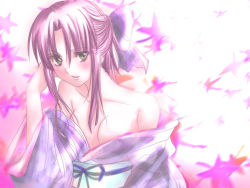 Rule 34 | 00s, 1girl, alternate costume, aria (manga), blush, breasts, cleavage, collarbone, drunk, green eyes, half updo, japanese clothes, kimono, large breasts, leaf, looking at viewer, mizunashi akari, open clothes, open kimono, short hair with long locks, sidelocks, simple background, solo, upper body, white background