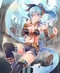 Rule 34 | &gt;:), 1girl, bare shoulders, blue eyes, blue hair, blue ribbon, breasts, building, cleavage, collar, detached sleeves, gears, holding, large breasts, long hair, looking at viewer, matching hair/eyes, midriff, navel, official art, outline, ponytail, ribbon, rock, senjou no electro girl, shina shina, shorts, sidelocks, solo, thighhighs, v-shaped eyebrows