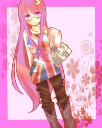 Rule 34 | 1girl, aliprojectlove, alternate costume, alternate hairstyle, bad id, bad pixiv id, bag, bespectacled, boots, breasts, casual, collarbone, contemporary, crescent, crescent hair ornament, dutch angle, female focus, flag print, glasses, hair ornament, handbag, heart, jewelry, long hair, necklace, patchouli knowledge, purple eyes, purple hair, small breasts, solo, sweater, touhou, ukita uuko, union jack, very long hair