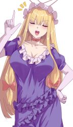 Rule 34 | 1girl, bow, breasts, choker, cleavage, closed eyes, commentary request, dress, facing viewer, hair bow, hand on own hip, hat, highres, index finger raised, large breasts, long hair, low-tied long hair, mirufui, mob cap, open mouth, purple dress, red bow, red choker, short sleeves, simple background, solo, touhou, upper body, white background, yakumo yukari