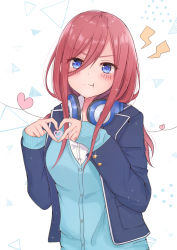 Rule 34 | 1girl, blazer, blue cardigan, blue eyes, blush, breasts, brown hair, cardigan, closed mouth, collared shirt, commentary request, go-toubun no hanayome, hair between eyes, headphones, headphones around neck, heart, heart hands, jacket, large breasts, long hair, looking at viewer, nakano miku, pout, shirt, solo, user ugvg3734, white shirt