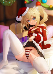 Rule 34 | 1girl, alternate costume, barbara (genshin impact), bed sheet, bedroom, blonde hair, blue eyes, blush, bow, bow panties, bowtie, box, cameltoe, christmas, clothes lift, condom, condom wrapper, dress, drill hair, flashing, genshin impact, gift, gift box, gluteal fold, hair ornament, half-closed eyes, hat, highres, lifted by self, looking at viewer, merry christmas, on bed, panties, pjman, pleated skirt, red dress, red panties, santa costume, santa hat, skirt, skirt lift, solo, spread legs, striped clothes, striped panties, thighhighs, twin drills, twintails, underwear, white thighhighs