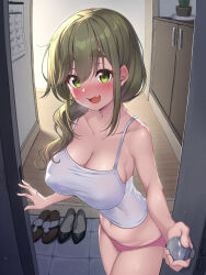 Rule 34 | 1girl, :3, :d, absurdres, aged up, blush, breasts, brown hair, camisole, casual, cleavage, collarbone, commentary request, doorway, double-parted bangs, entrance, eyelashes, eyes visible through hair, fang, foreshortening, full-face blush, green eyes, hair between eyes, highres, indoors, inuyama aoi, kuromasu, large breasts, long hair, looking at viewer, mole, mole on breast, navel, open mouth, opening door, panties, pink panties, pov, pov doorway, short eyebrows, skindentation, smile, solo, sweat, thick eyebrows, underwear, white camisole, yurucamp