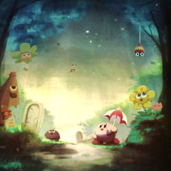 Rule 34 | broom, broom riding, character request, creature, day, flower, flying, gooey (kirby), grass, highres, kirby, kirby (series), nintendo, open mouth, parasol kirby, rock, sky, star (symbol), stone, suyasuyabi, tongue, tongue out, tree, umbrella