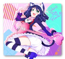 Rule 34 | 10s, 1girl, animal ears, bell, bloomers, blue eyes, blush, cat ears, cat tail, curly hair, cyan (show by rock!!), fang, guitar, highres, instrument, open mouth, purple hair, show by rock!!, smile, solo, strawberry heart (show by rock!!), striped clothes, striped thighhighs, tail, thighhighs, tung, underwear