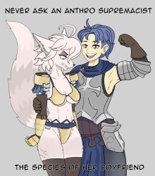 Rule 34 | 1boy, 1girl, absurdres, alain (unicorn overlord), angry, anonymous artist, armor, armpits, bikini armor, blue eyes, blue hair, breasts, clenched teeth, dinah (unicorn overlord), embarrassed, english text, flexing, furry, furry female, furry with non-furry, highres, interspecies, open mouth, sharp teeth, smile, teeth, unicorn overlord, vanillaware